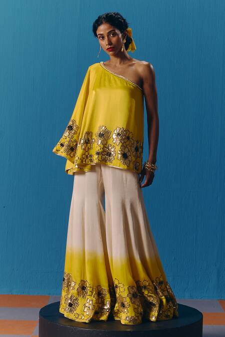 Buy Pooja Rajgarhia Gupta Yellow Silk Satin Sequins, Sunlit Asymmetric Top With Bell Bottom Pant Online at Aza Fashions Buy_Pooja Rajgarhia Gupta_Yellow Silk Satin Sequins, Sunlit Asymmetric Top With Bell Bottom Pant _Online_at_Aza_Fashions