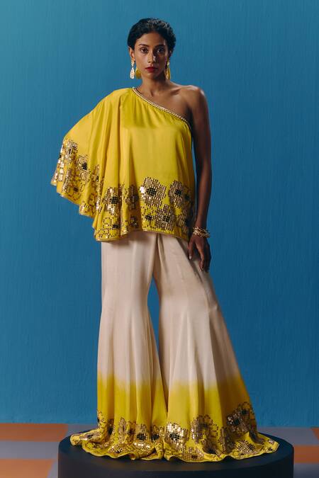 Shop Pooja Rajgarhia Gupta Yellow Silk Satin Sequins, Sunlit Asymmetric Top With Bell Bottom Pant Online at Aza Fashions Shop_Pooja Rajgarhia Gupta_Yellow Silk Satin Sequins, Sunlit Asymmetric Top With Bell Bottom Pant _Online_at_Aza_Fashions
