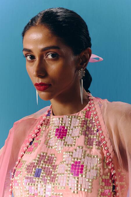 Pooja Rajgarhia Gupta_Peach Halter Neck Ombre Sequin Cape And Pant Set _Online_at_Aza_Fashions