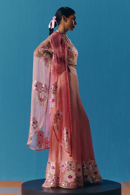 Buy_Pooja Rajgarhia Gupta_Peach Halter Neck Ombre Sequin Cape And Pant Set _Online_at_Aza_Fashions