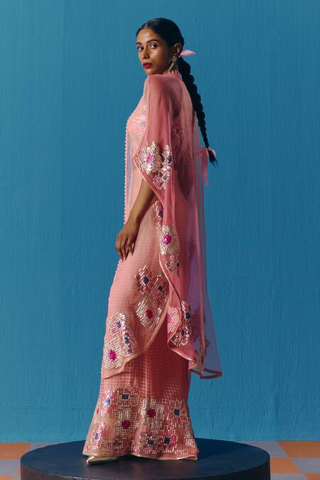 Shop_Pooja Rajgarhia Gupta_Peach Halter Neck Ombre Sequin Cape And Pant Set _Online_at_Aza_Fashions