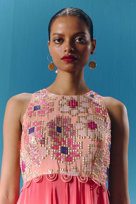 Pooja Rajgarhia Gupta_Peach Crepe Sequins Round Neck Twilight Embroidered Jumpsuit _Online_at_Aza_Fashions