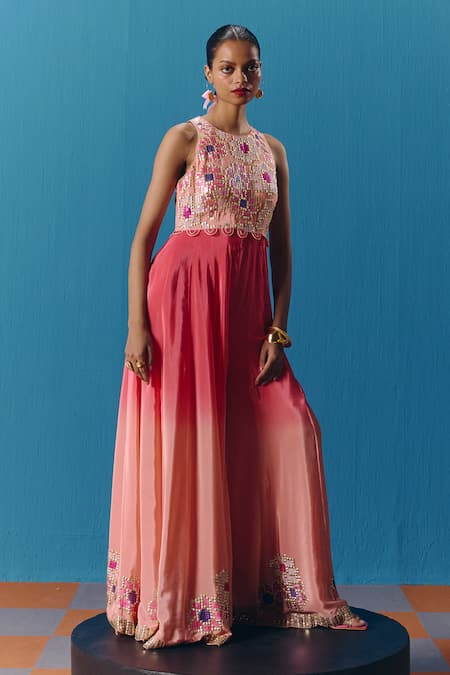 Buy_Pooja Rajgarhia Gupta_Peach Crepe Sequins Round Neck Twilight Embroidered Jumpsuit _Online_at_Aza_Fashions