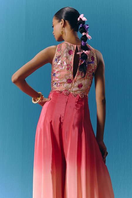 Shop_Pooja Rajgarhia Gupta_Peach Crepe Sequins Round Neck Twilight Embroidered Jumpsuit _Online_at_Aza_Fashions