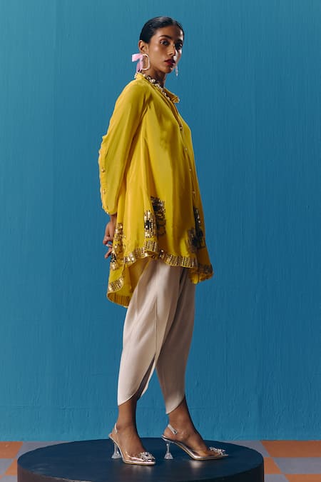 Pooja Rajgarhia Gupta Yellow Silk Satin Sequins Dawn Floral Embroidered Short Kurta With Petal Pant Online at Aza Fashions Pooja Rajgarhia Gupta_Yellow Silk Satin Sequins Dawn Floral Embroidered Short Kurta With Petal Pant _Online_at_Aza_Fashions