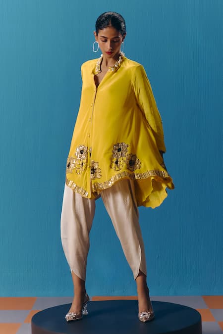 Buy Pooja Rajgarhia Gupta Yellow Silk Satin Sequins Dawn Floral Embroidered Short Kurta With Petal Pant Online at Aza Fashions Buy_Pooja Rajgarhia Gupta_Yellow Silk Satin Sequins Dawn Floral Embroidered Short Kurta With Petal Pant _Online_at_Aza_Fashions