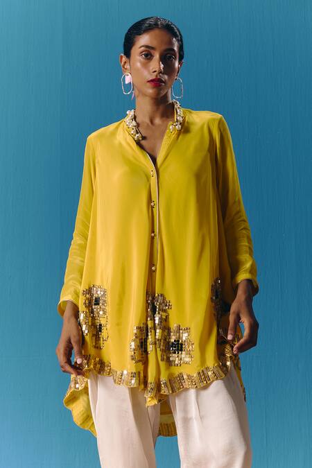Shop Pooja Rajgarhia Gupta Yellow Silk Satin Sequins Dawn Floral Embroidered Short Kurta With Petal Pant Online at Aza Fashions Shop_Pooja Rajgarhia Gupta_Yellow Silk Satin Sequins Dawn Floral Embroidered Short Kurta With Petal Pant _Online_at_Aza_Fashions