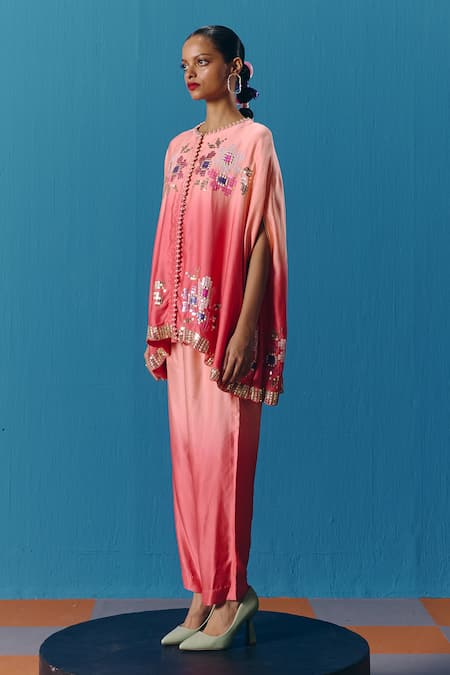 Buy Pooja Rajgarhia Gupta Peach Silk Satin Sequins, Pearls Round Neck Dusk Embroidered Cape Top With Pant Online at Aza Fashions Buy_Pooja Rajgarhia Gupta_Peach Silk Satin Sequins, Pearls Round Neck Dusk Embroidered Cape Top With Pant _Online_at_Aza_Fashions