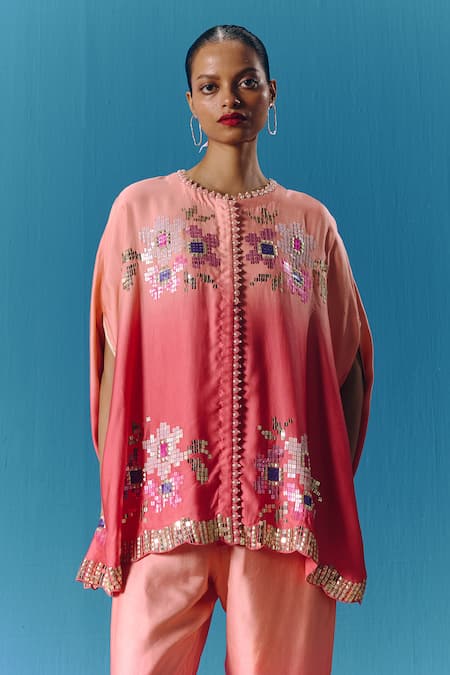 Pooja Rajgarhia Gupta Peach Silk Satin Sequins, Pearls Round Neck Dusk Embroidered Cape Top With Pant at Aza Fashions Pooja Rajgarhia Gupta_Peach Silk Satin Sequins, Pearls Round Neck Dusk Embroidered Cape Top With Pant _at_Aza_Fashions