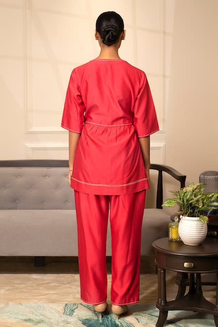 Shop_Eeda_Red Chanderi V-neck Long Top With Pant _at_Aza_Fashions