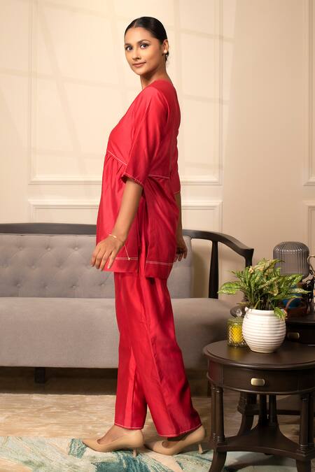 Buy_Eeda_Red Chanderi V-neck Long Top With Pant _Online_at_Aza_Fashions