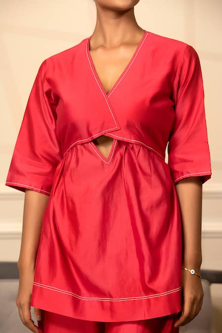 Eeda_Red Chanderi V-neck Long Top With Pant _at_Aza_Fashions