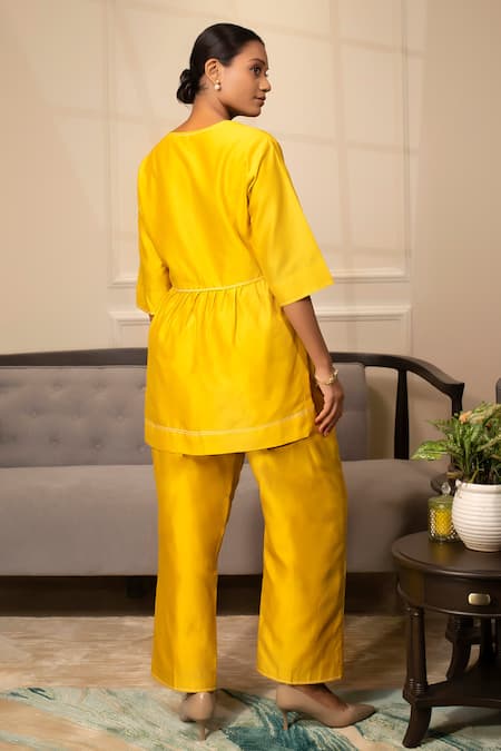 Shop_Eeda_Yellow Chanderi V-neck Long Top With Pant _at_Aza_Fashions
