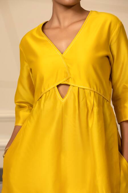 Eeda_Yellow Chanderi V-neck Long Top With Pant _Online_at_Aza_Fashions