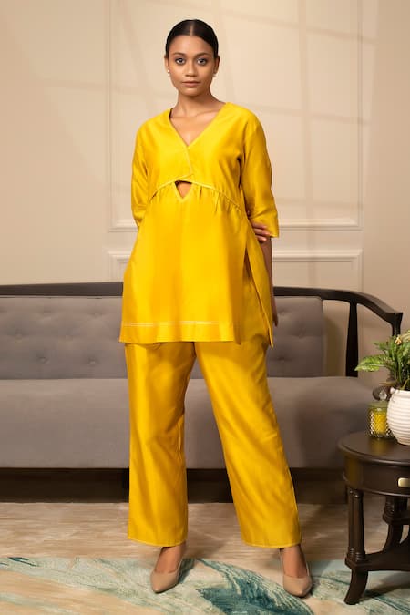Shop_Eeda_Yellow Chanderi V-neck Long Top With Pant _Online_at_Aza_Fashions