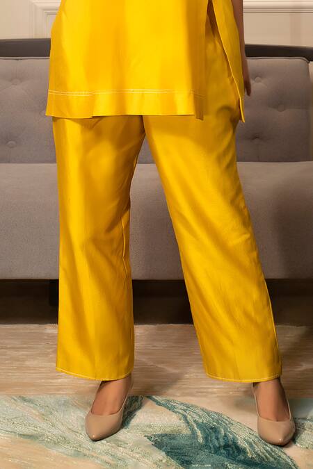 Eeda_Yellow Chanderi V-neck Long Top With Pant _at_Aza_Fashions