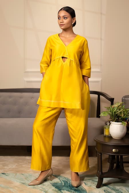 Shop_Eeda_Yellow Chanderi V-neck Long Top With Pant 