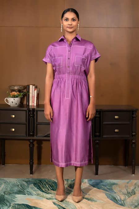 Eeda_Purple Chanderi Plain Collared Neck Dress _Online_at_Aza_Fashions