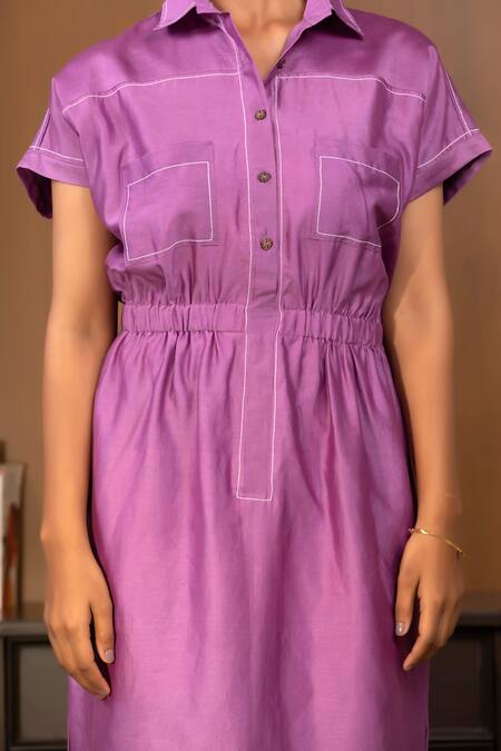 Buy_Eeda_Purple Chanderi Plain Collared Neck Dress _Online_at_Aza_Fashions