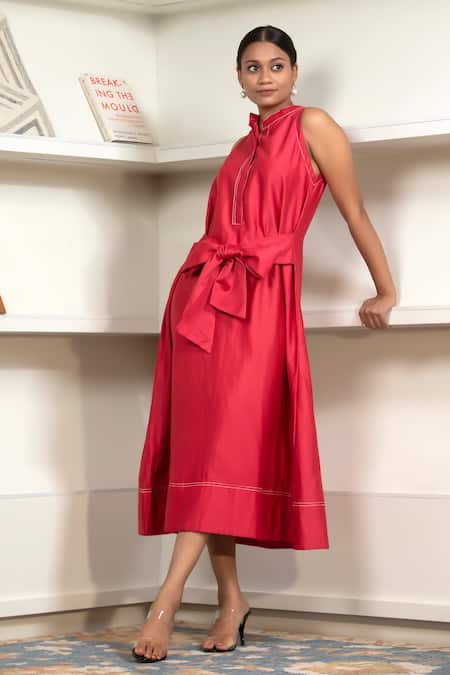 Shop_Eeda_Red Chanderi Plain Halter Neck Front Belt Tie Up Dress _Online_at_Aza_Fashions