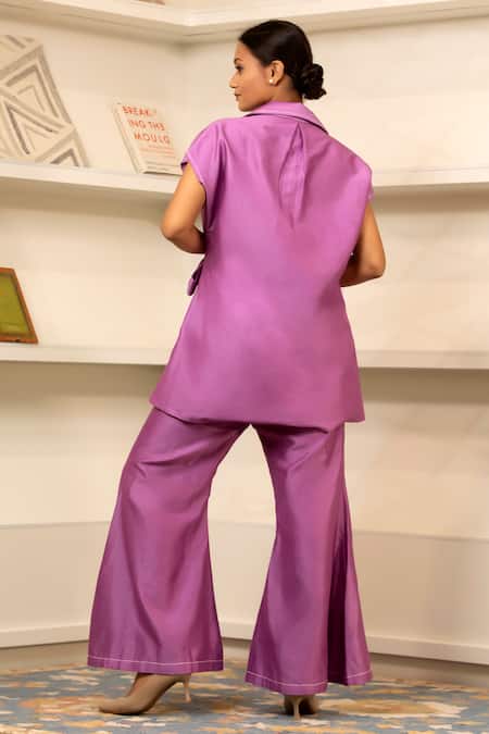 Shop_Eeda_Purple Chanderi Front Belted Jacket With Bootleg Pant _at_Aza_Fashions