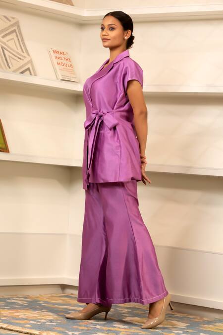 Eeda_Purple Chanderi Front Belted Jacket With Bootleg Pant _Online_at_Aza_Fashions
