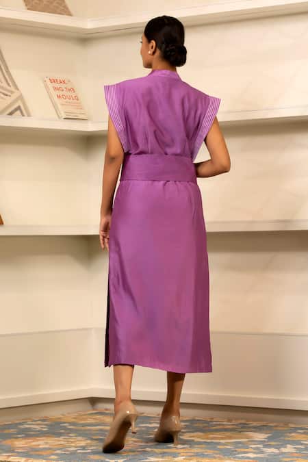 Shop_Eeda_Purple Chanderi Plain Notched Collar Side Slit Midi Dress With Belt _at_Aza_Fashions