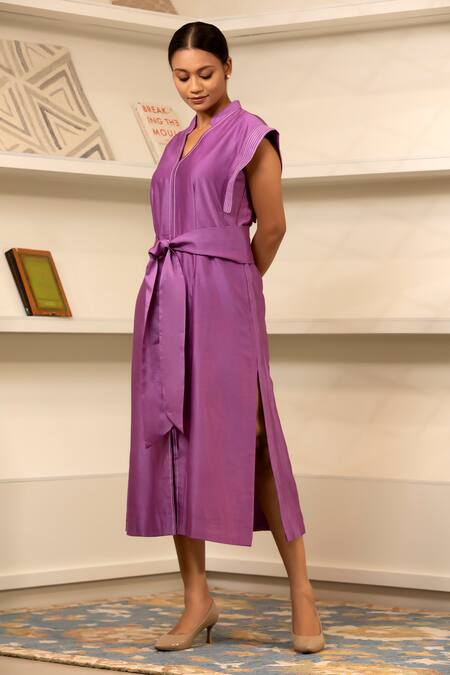 Shop_Eeda_Purple Chanderi Plain Notched Collar Side Slit Midi Dress With Belt _Online_at_Aza_Fashions
