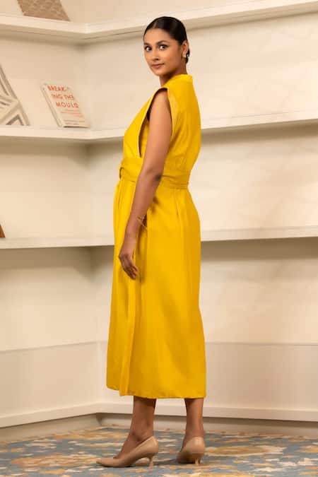 Shop_Eeda_Yellow Chanderi Plain Notched Collar Side Slit Midi Dress With Belt _at_Aza_Fashions