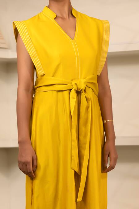 Eeda_Yellow Chanderi Plain Notched Collar Side Slit Midi Dress With Belt _Online_at_Aza_Fashions