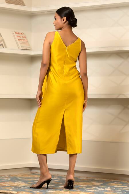 Shop_Eeda_Yellow Chanderi Plain V Neck Midi Side Knotted Dress _at_Aza_Fashions