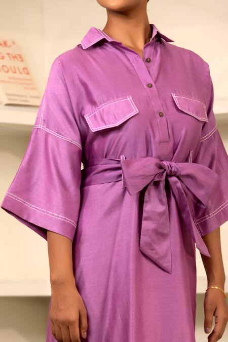 Eeda Purple Chanderi Plain Collared Neck Front Belted Kaftan Dress Online at Aza Fashions Eeda_Purple Chanderi Plain Collared Neck Front Belted Kaftan Dress _Online_at_Aza_Fashions