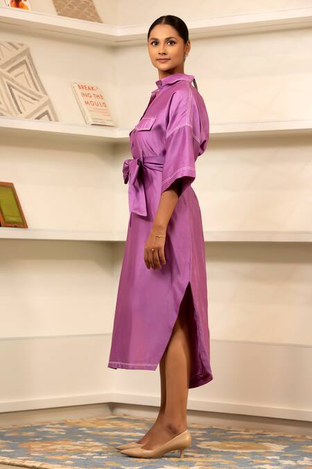 Buy Eeda Purple Chanderi Plain Collared Neck Front Belted Kaftan Dress Online at Aza Fashions Buy_Eeda_Purple Chanderi Plain Collared Neck Front Belted Kaftan Dress _Online_at_Aza_Fashions