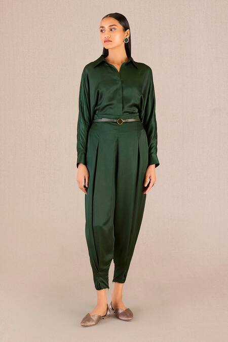 Ampm_Green Satin Buckles Collared Arifa Shirt With Pleated Pant_Online_at_Aza_Fashions