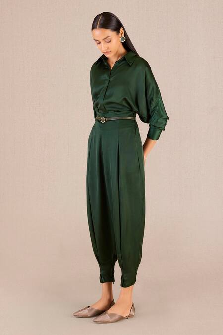Buy_Ampm_Green Satin Buckles Collared Arifa Shirt With Pleated Pant_Online_at_Aza_Fashions
