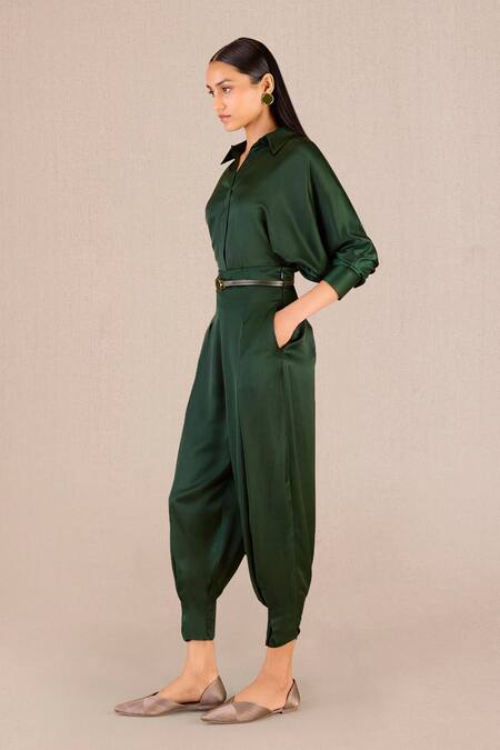Shop_Ampm_Green Satin Buckles Collared Arifa Shirt With Pleated Pant_Online_at_Aza_Fashions