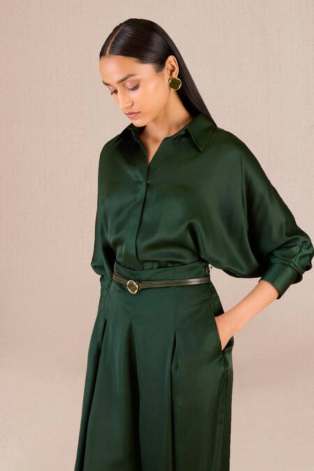 Ampm_Green Satin Buckles Collared Arifa Shirt With Pleated Pant_at_Aza_Fashions