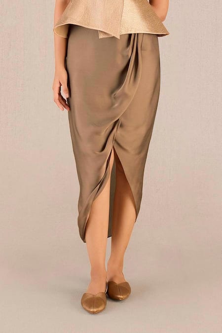 Ampm_Gold Metallic Silk Textured Round Abrah Jacket With Draped Skirt _Online_at_Aza_Fashions