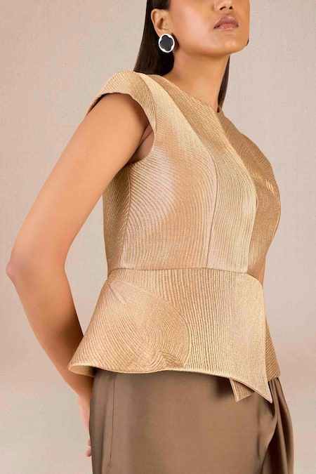 Ampm_Gold Metallic Silk Textured Round Abrah Jacket With Draped Skirt _at_Aza_Fashions