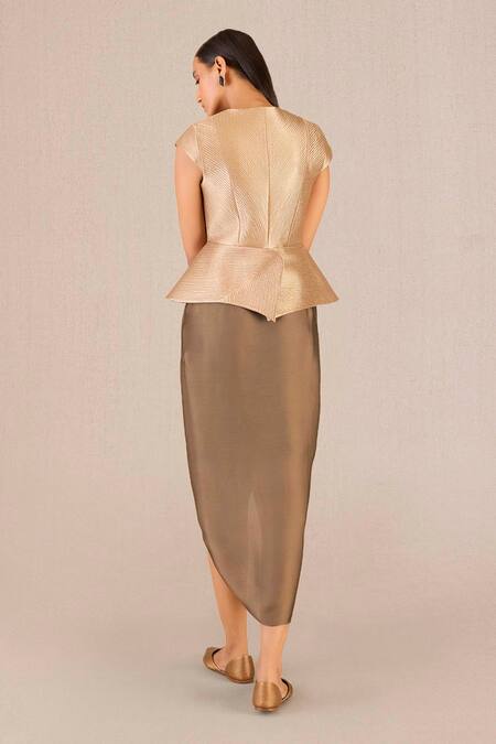 Shop Ampm Gold Silk Round Neck Abrah Peplum Jacket at Aza Fashions Shop_Ampm_Gold Silk Round Neck Abrah Peplum Jacket _at_Aza_Fashions