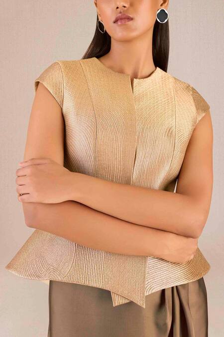 Shop Ampm Gold Silk Round Neck Abrah Peplum Jacket Online at Aza Fashions Shop_Ampm_Gold Silk Round Neck Abrah Peplum Jacket _Online_at_Aza_Fashions