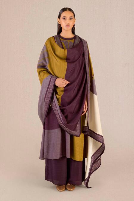 Shop Ampm Brown Silk Round Neck Sahira Colour-blocked Kurta Palazzo Set Online at Aza Fashions Shop_Ampm_Brown Silk Round Neck Sahira Colour-blocked Kurta Palazzo Set_Online_at_Aza_Fashions