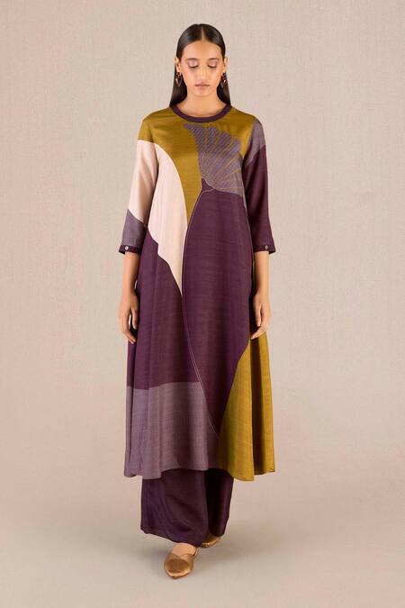 Ampm Brown Silk Round Neck Sahira Colour-blocked Kurta Palazzo Set at Aza Fashions Ampm_Brown Silk Round Neck Sahira Colour-blocked Kurta Palazzo Set_at_Aza_Fashions