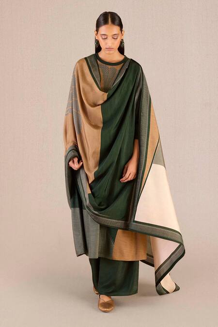 Shop_Ampm_Green Silk Embroidery Round Neck Sahira Floral Pattern Kurta Palazzo Set _Online_at_Aza_Fashions