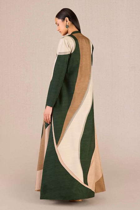 Ampm Green Silk Embroidery Round Neck Amida Colour-blocked Jacket And Tunic Set Online at Aza Fashions Ampm_Green Silk Embroidery Round Neck Amida Colour-blocked Jacket And Tunic Set _Online_at_Aza_Fashions