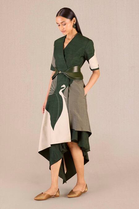 Ampm_Green Silk V-neck Serena Colour-blocked Jacket With Skirt_Online_at_Aza_Fashions