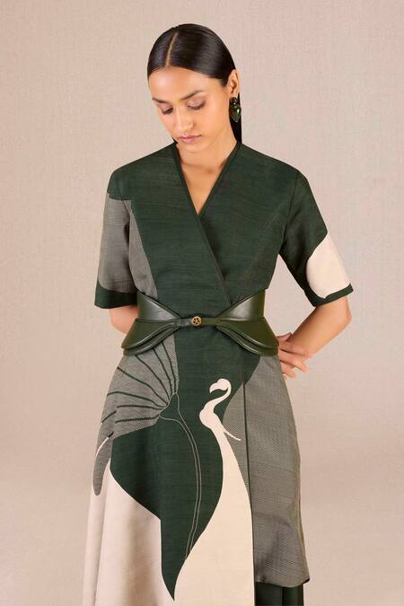 Shop_Ampm_Green Silk V-neck Serena Colour-blocked Jacket With Skirt_Online_at_Aza_Fashions