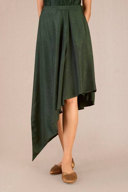 Ampm_Green Silk V-neck Serena Colour-blocked Jacket With Skirt_at_Aza_Fashions