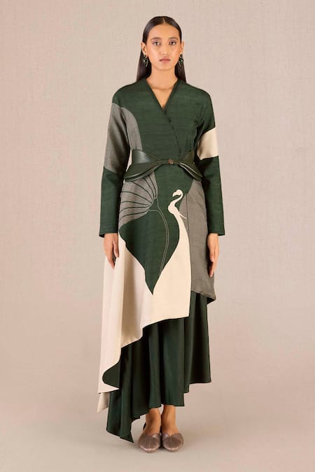 Ampm Green Silk V-neck Serena Colour-blocked Asymmetric Jacket With Skirt Online at Aza Fashions Ampm_Green Silk V-neck Serena Colour-blocked Asymmetric Jacket With Skirt _Online_at_Aza_Fashions