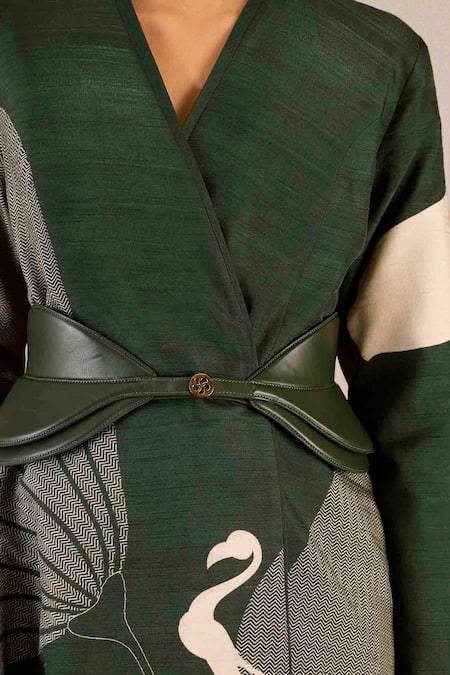 Shop Ampm Green Silk V-neck Serena Colour-blocked Asymmetric Jacket With Skirt Online at Aza Fashions Shop_Ampm_Green Silk V-neck Serena Colour-blocked Asymmetric Jacket With Skirt _Online_at_Aza_Fashions